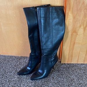 Black leather high heel boots
